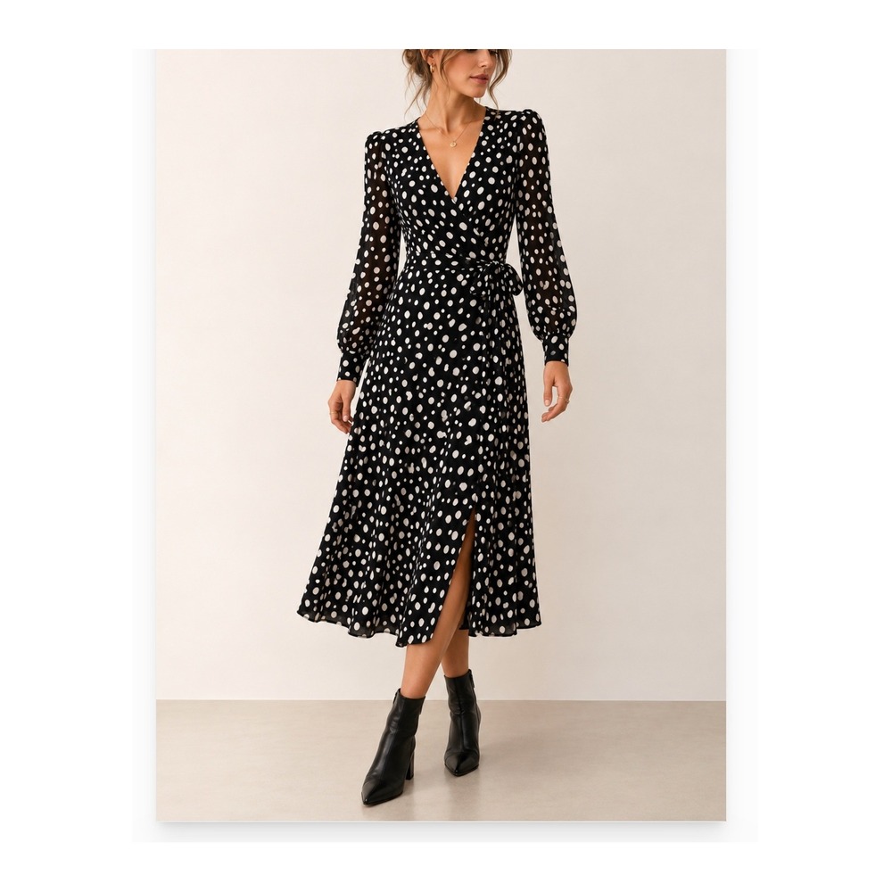 Reformation Suzanna Black Polka Dot Wrap Midi Dress Long Sleeve - XS